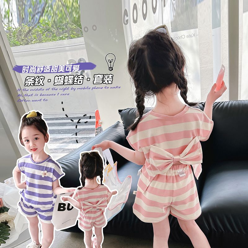 Girls suit striped  new children's clothing Korean style casual loose sports summer short-sleeved baby two-piece set