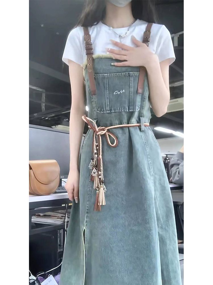 單件/套裝學院風韓系復古刺繡優雅牛仔背帶裙女學生+百搭短袖上衣