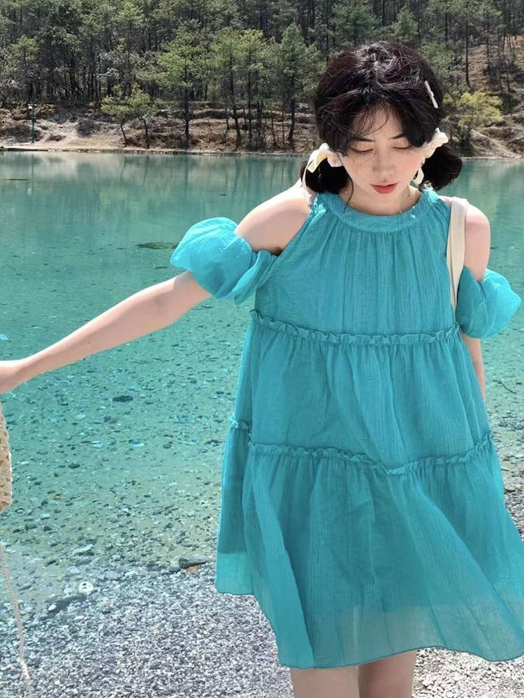 法式茶歇氣質絕美可愛清新藍綠吊帶連衣裙女學生夏日海邊度假裙子