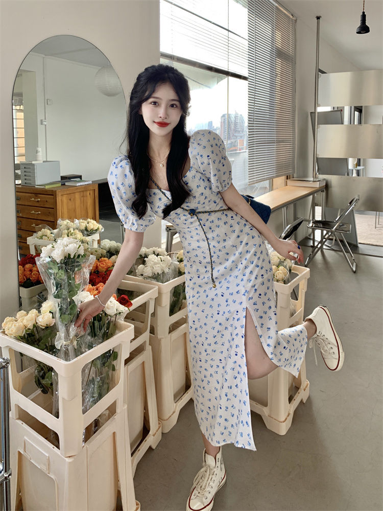 Xiaozi's first love dress with puff sleeves French floral dress women's short-sleeved square collar high slit black tea break skirt