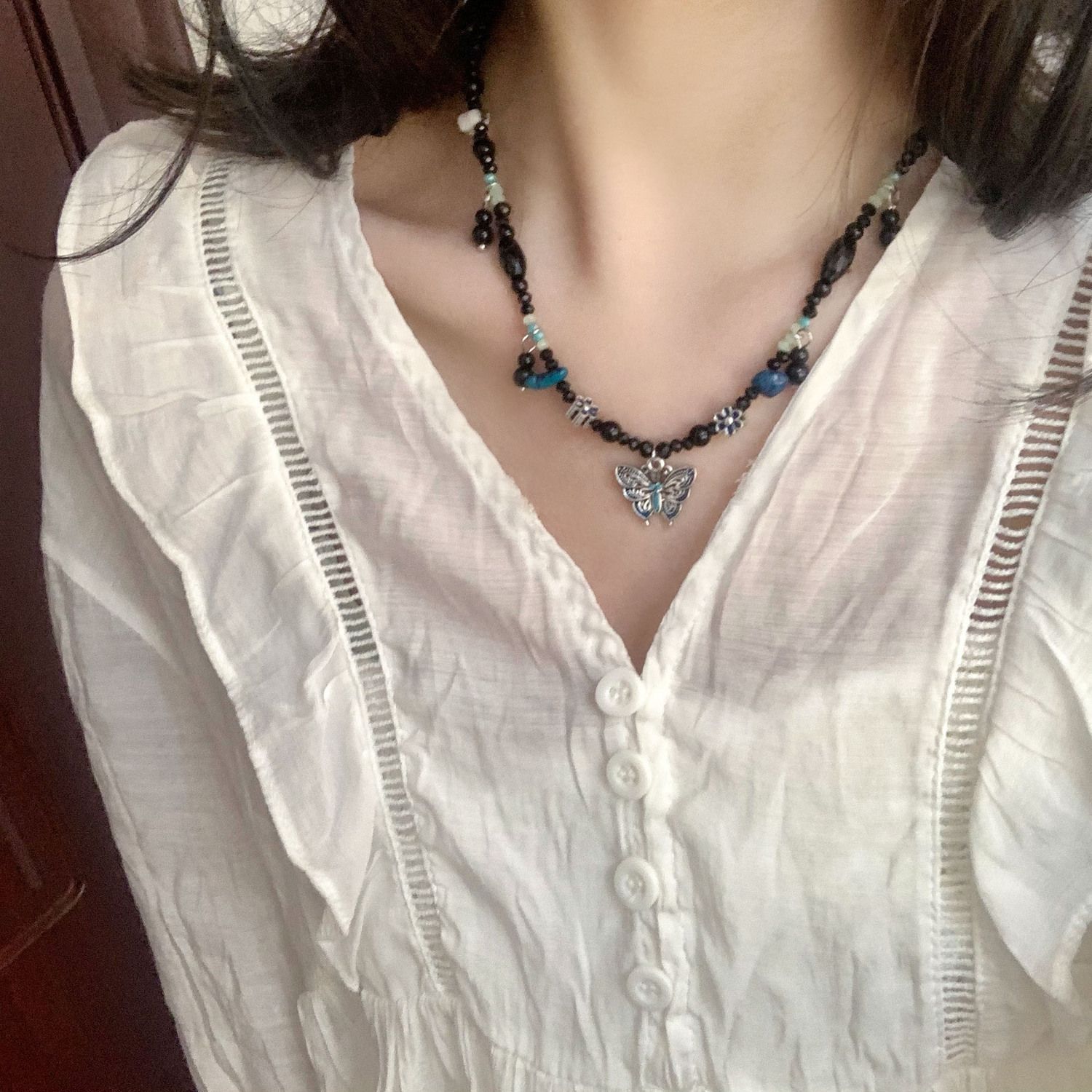2023新款復古做舊新中式小蝴蝶銀色吊墜項鍊串珠鎖骨鏈頸鏈女