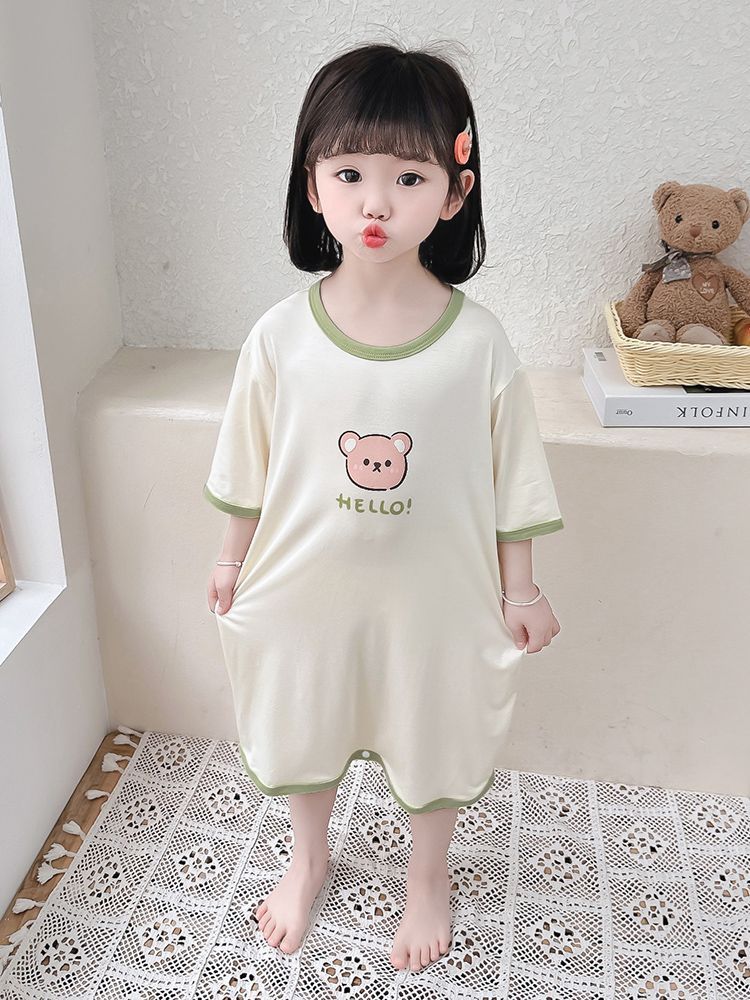 Girls one-piece pajamas Modal summer short-sleeved little girl nightgown baby children's anti-kick quilt air-conditioned home clothes