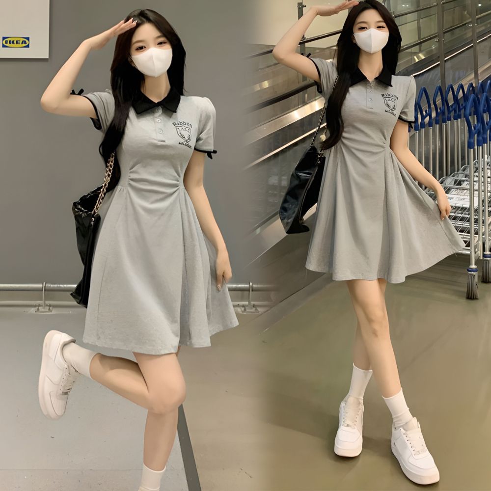 夏季灰色連衣裙女新款洋氣甜美氣質顯瘦Polo短袖高腰a字裙短裙子