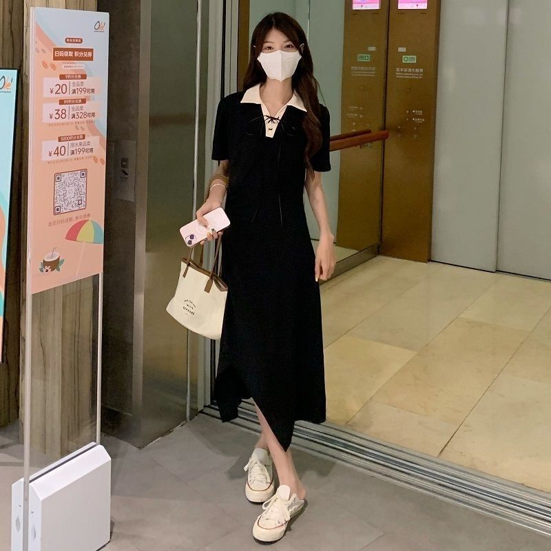 Contrasting color polo collar tie dress  summer new waist slimming student casual irregular mid-length skirt