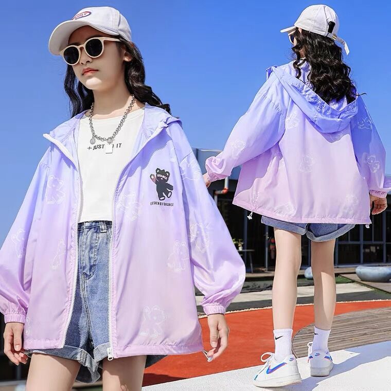 兒童防曬衣夏季女童卡通熊漸變防曬衣外搭中大童戶外防曬服韓版