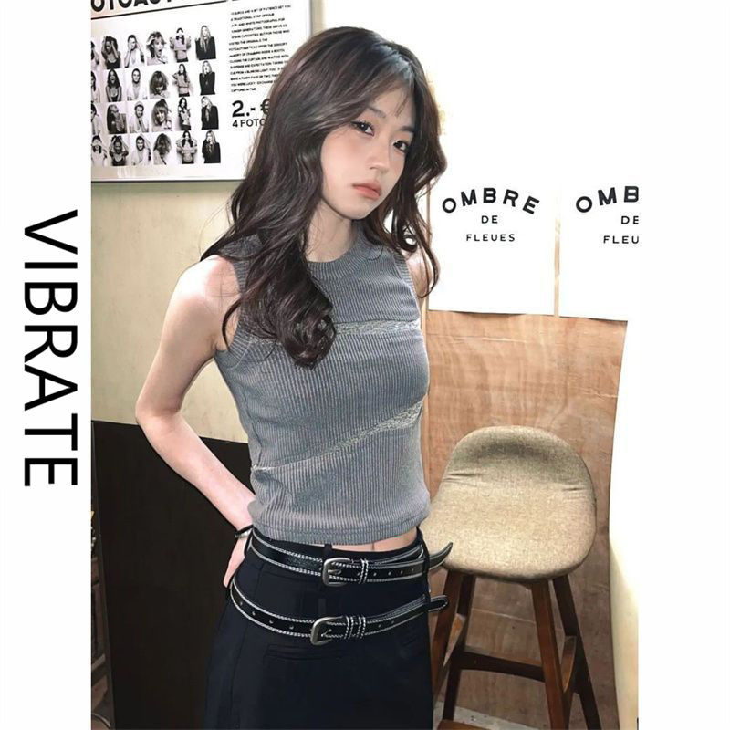 VIBRATE復古小眾設計感拼接無袖背心女新款氣質甜辣修身百搭上衣