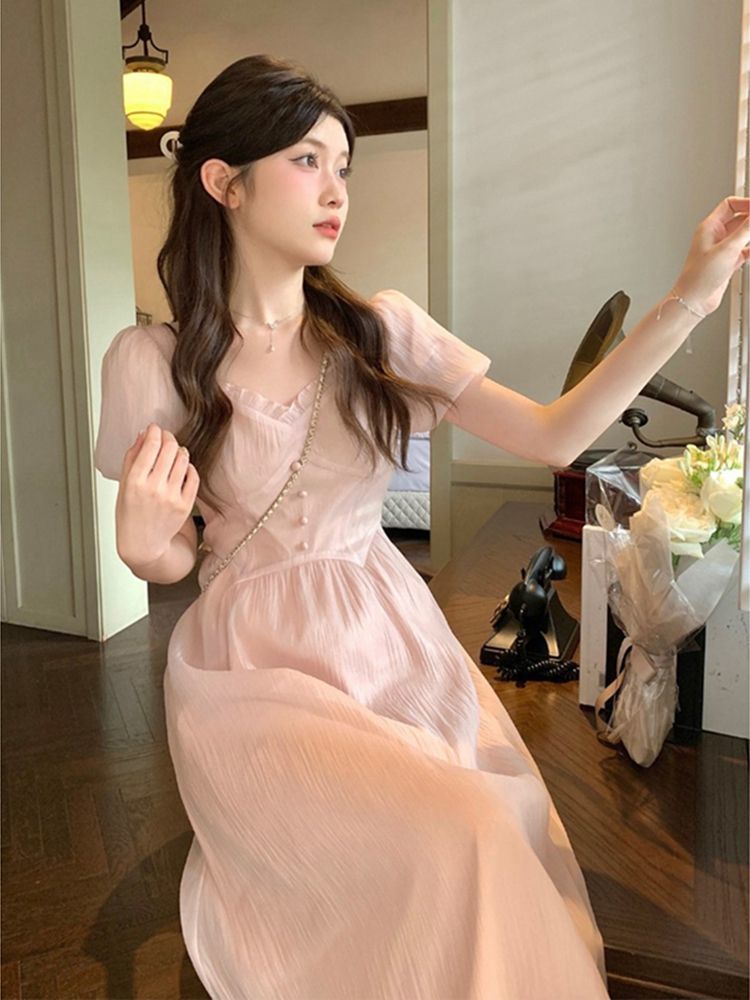 French retro sweet and spicy pink dress with a high sense of beauty and unique temperament leisure mid-length skirt summer