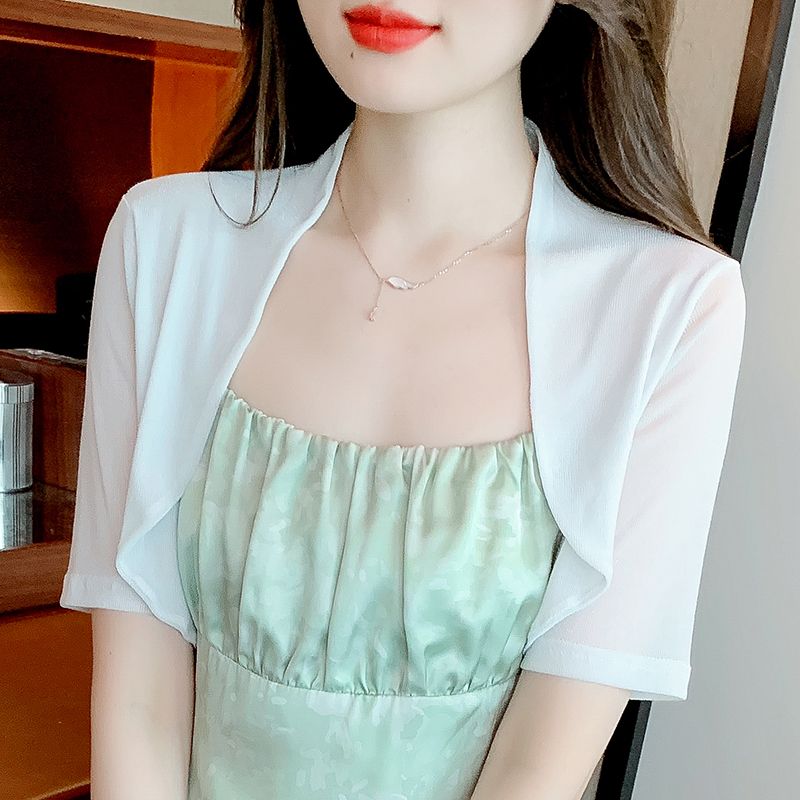 小坎肩高級短袖女披肩夏季新款配裙子雪紡罩衫吊帶裙外搭開衫薄紗