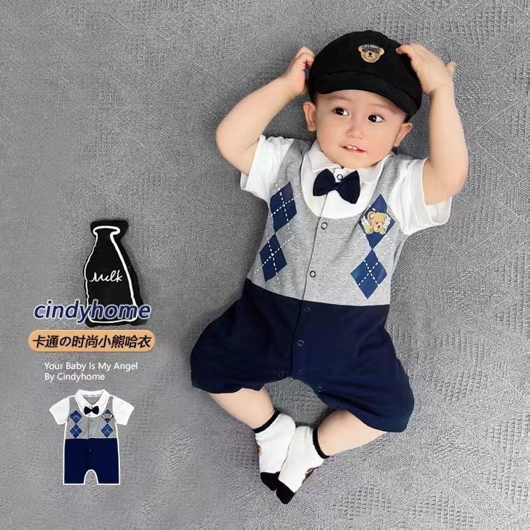 Baby summer thin short-sleeved jumpsuit 6 to 12 months male baby one-year-old hundred days pure cotton fart-covered go-out clothes