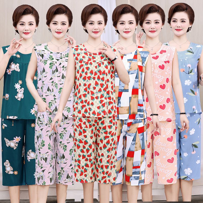 Middle-aged and elderly mother summer sleeveless cotton silk pajamas set summer grandma loose artificial cotton two-piece old woman