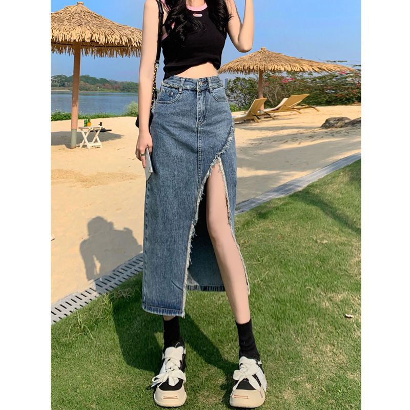 High-waisted irregular slit denim skirt for women spring and summer new large size fat mm slimming mid-length skirt A-line skirt