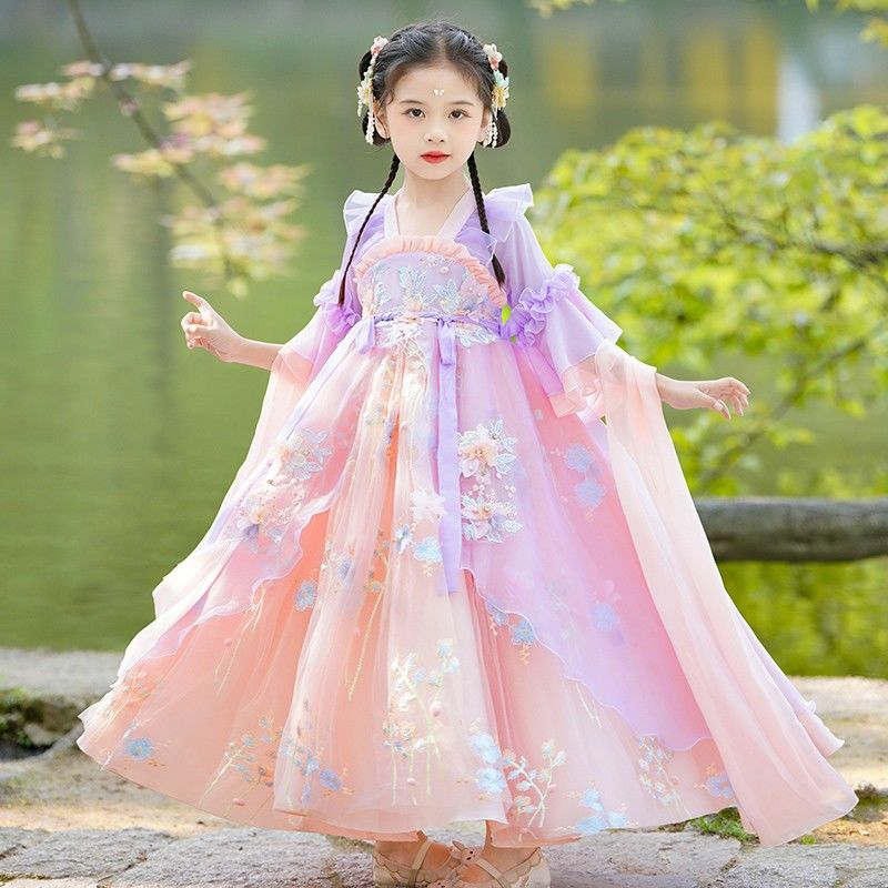 漢服女童夏季2023新款兒童裝超仙古裝裙子女孩唐裝夏款連衣裙短袖