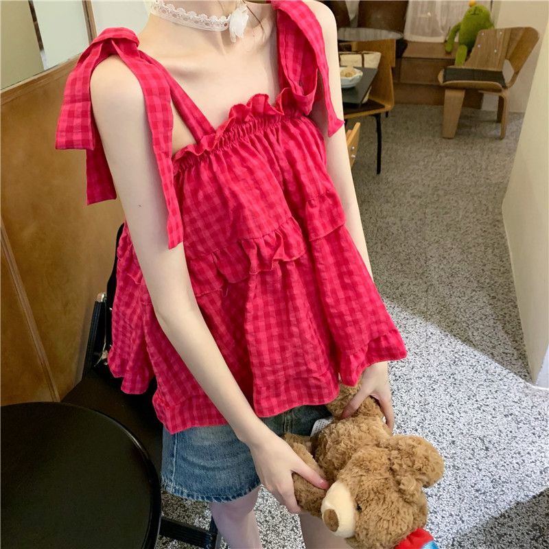Plaid camisole women's summer  new Korean style sweet and spicy style outer wear design niche short top