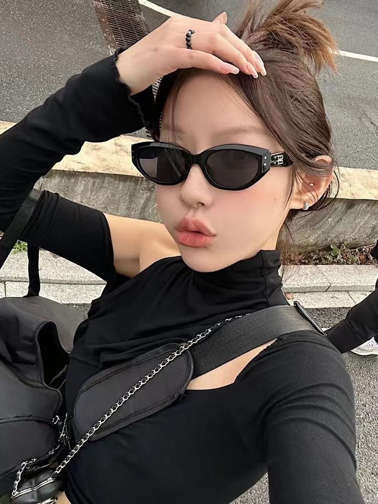 Retro Cat Eye Sunglasses Women's Premium Black Internet Celebrity Narrow Frame Glasses 2023 New Trendy Anti-UV Sunglasses