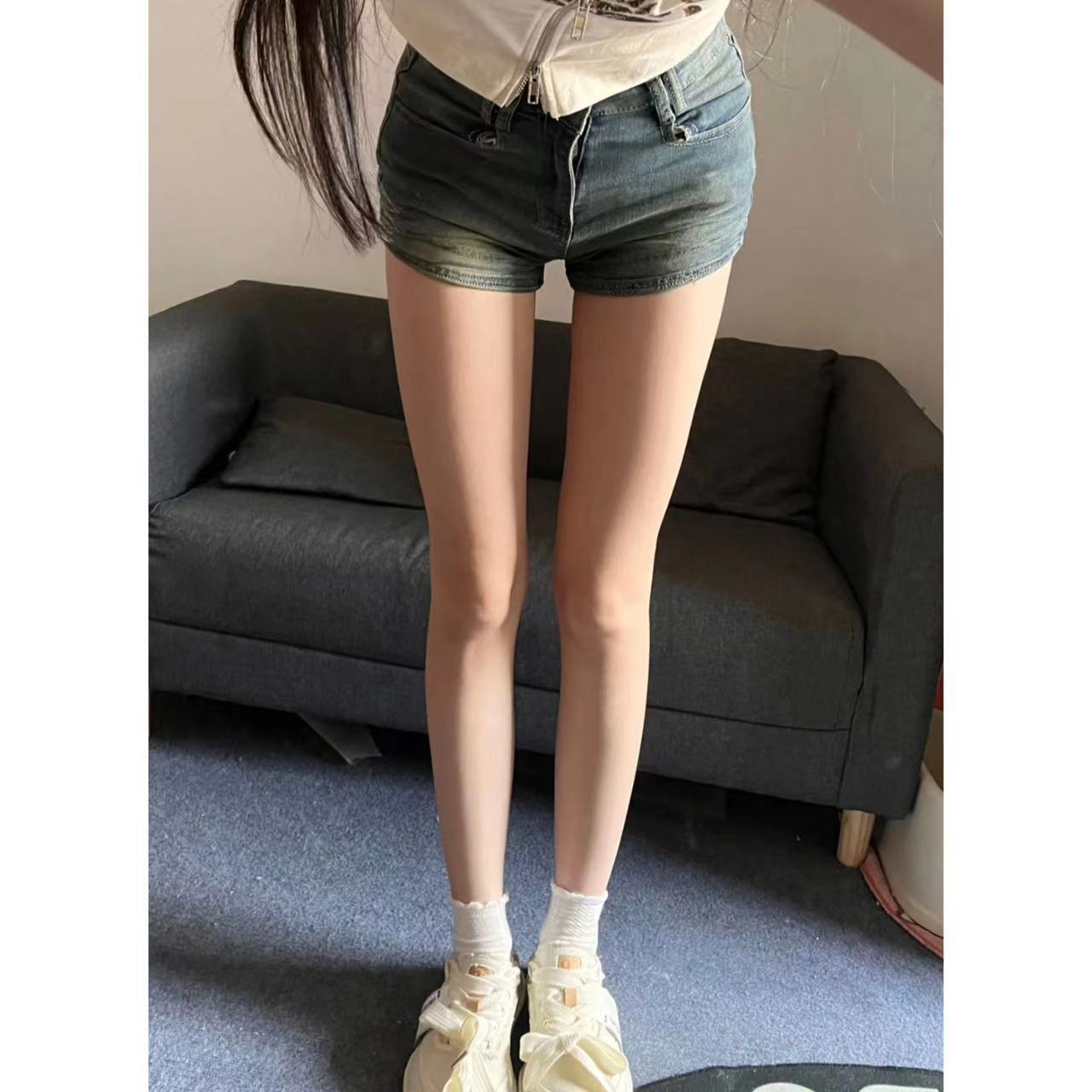 American style high waist hot girl denim shorts women's high waist washed elastic hot pants package buttocks show legs long straight tube old all-match