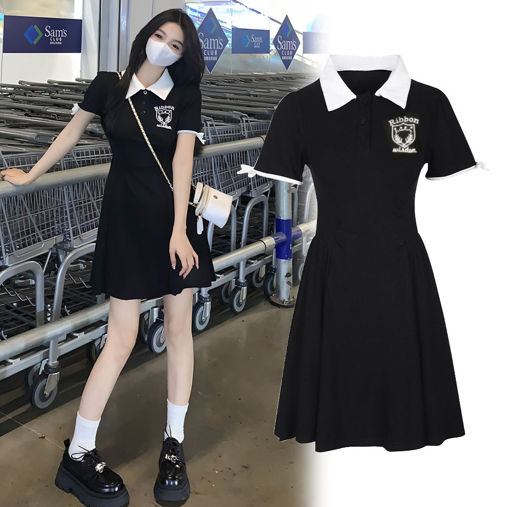 夏季黑色連衣裙女新款韓版甜美淑女寬鬆顯瘦高腰Polo小黑裙a字裙