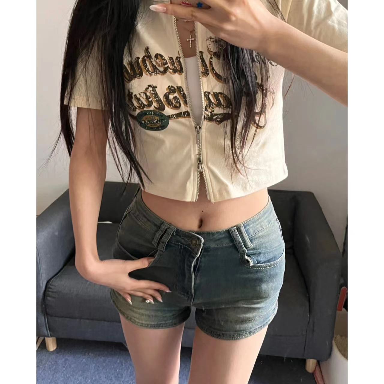 American style high waist hot girl denim shorts women's high waist washed elastic hot pants package buttocks show legs long straight tube old all-match