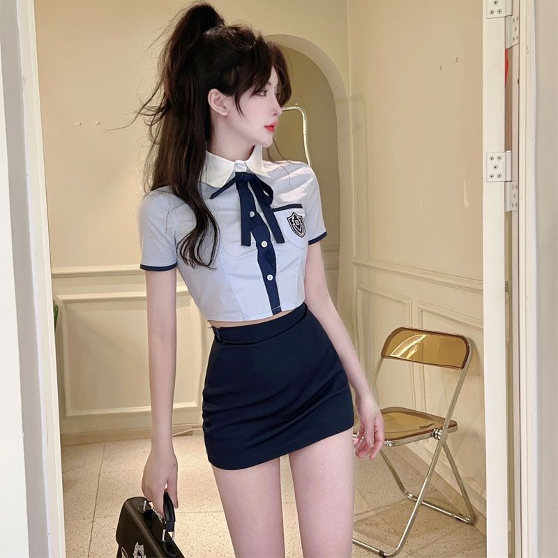 甜辣學妹套裝裙女夏純欲氣質小個子學院風短袖襯衫包臀短裙兩件套