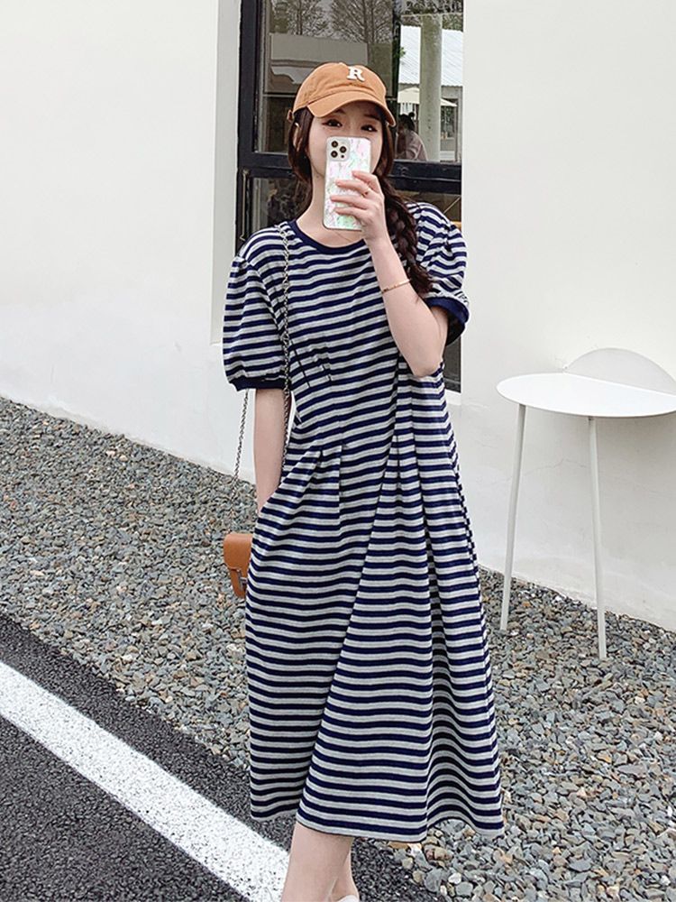 小眾條紋短袖連衣裙女春夏新款韓版圓領寬鬆慵懶風中長款T恤裙子