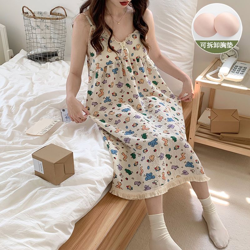 French cute summer new suspender nightdress summer belt chest pad women's foam cotton thin section loose home clothes can be worn outside
