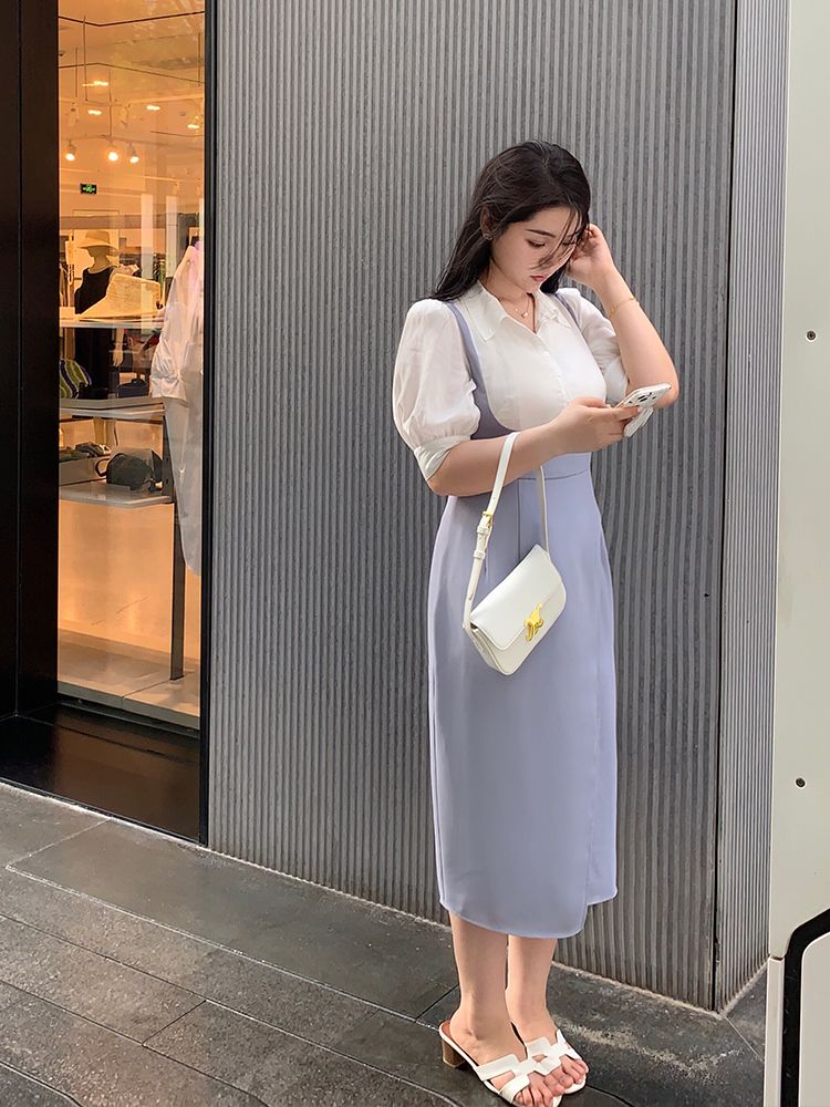 阿胖大碼女裝胖mm性感氣質藍拼白假兩件連衣裙甜辣過膝遮肉連衣裙