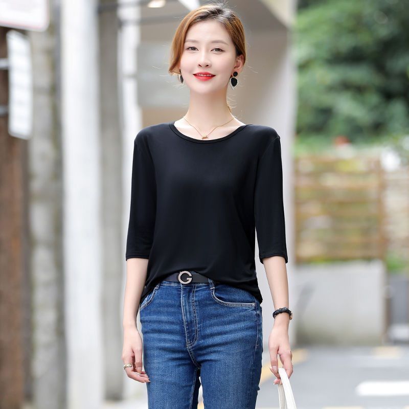 莫代爾打底衫女夏季薄款洋氣百搭寬鬆女士大碼五分袖圓領上衣黑色