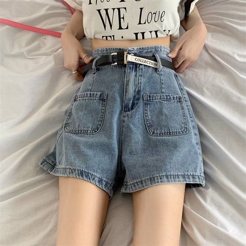 High-waisted denim shorts for women, summer new style, large size for fat mm, loose, slimming and belly-covering design, niche A-line hot pants