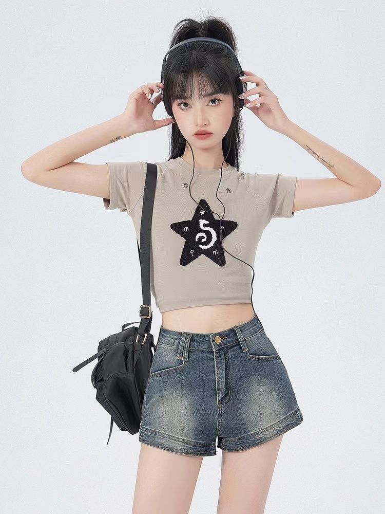 Summer American-style denim shorts women's high waist washed elastic straight tube made of old hot pants niche a word show leg length retro