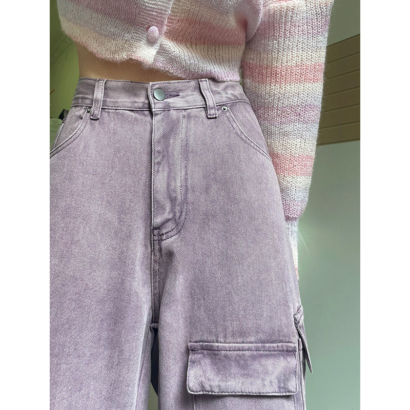 Purple high-waist overalls women's small  summer new straight slim loose denim wide-leg trousers tide