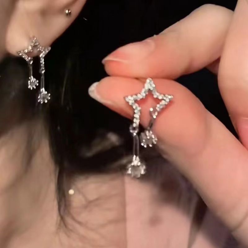 S925銀針星星耳釘女小眾高級感耳墜2023新款潮耳釘女精緻耳飾鑲鑽