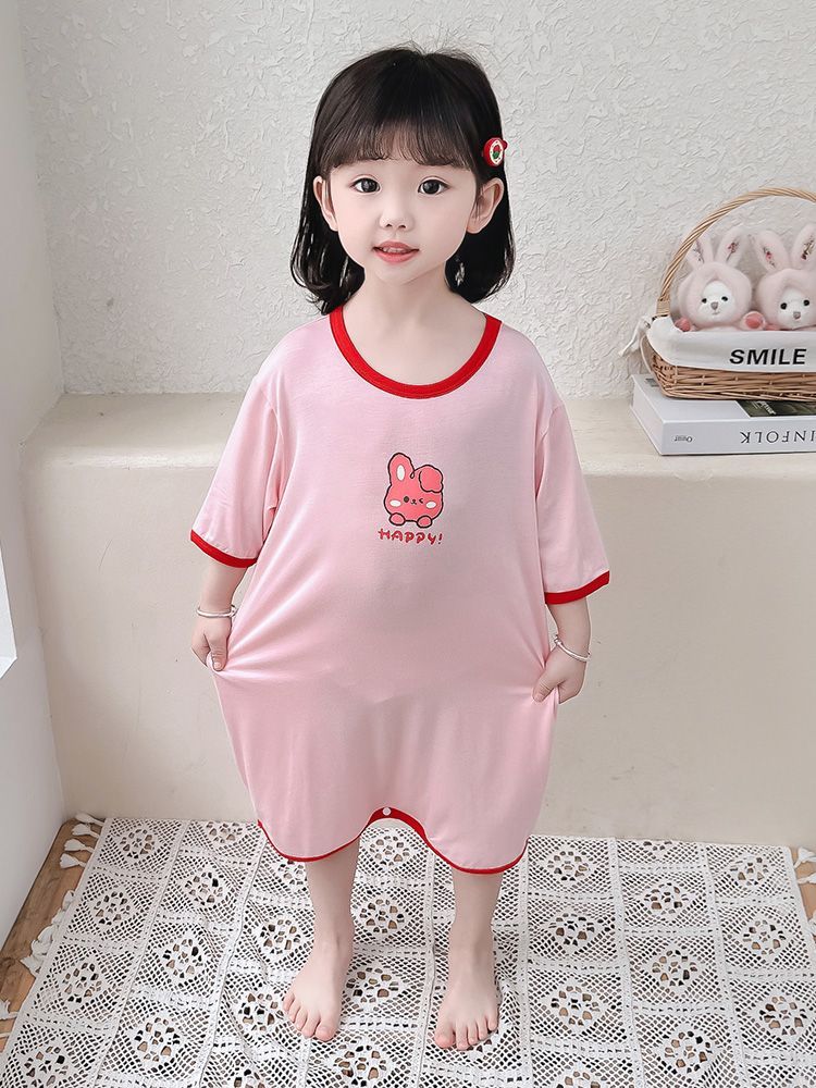 Girls one-piece pajamas Modal summer short-sleeved little girl nightgown baby children's anti-kick quilt air-conditioned home clothes