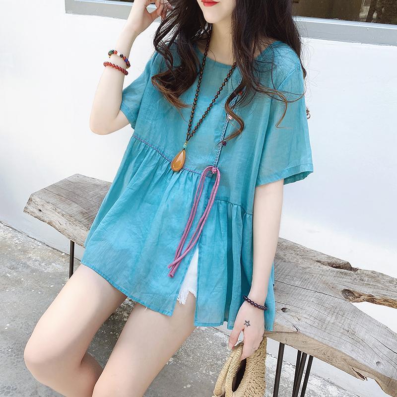 娃娃衫上衣夏寬鬆圓領a字系帶彩扣開叉甜美洋氣蓬蓬棉麻襯衫女薄