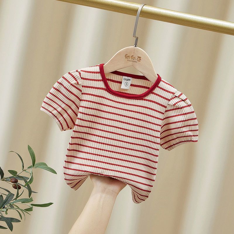 Girls t-shirt short-sleeved striped 2023 new children's summer thin section fashionable round neck baby girl summer top