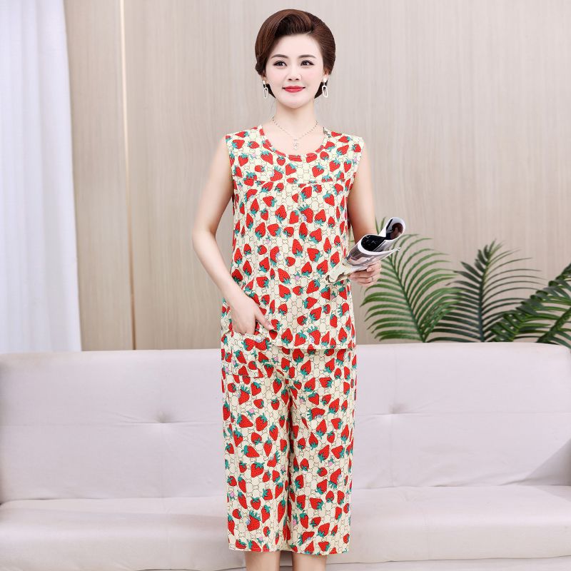 Middle-aged and elderly mother summer sleeveless cotton silk pajamas set summer grandma loose artificial cotton two-piece old woman