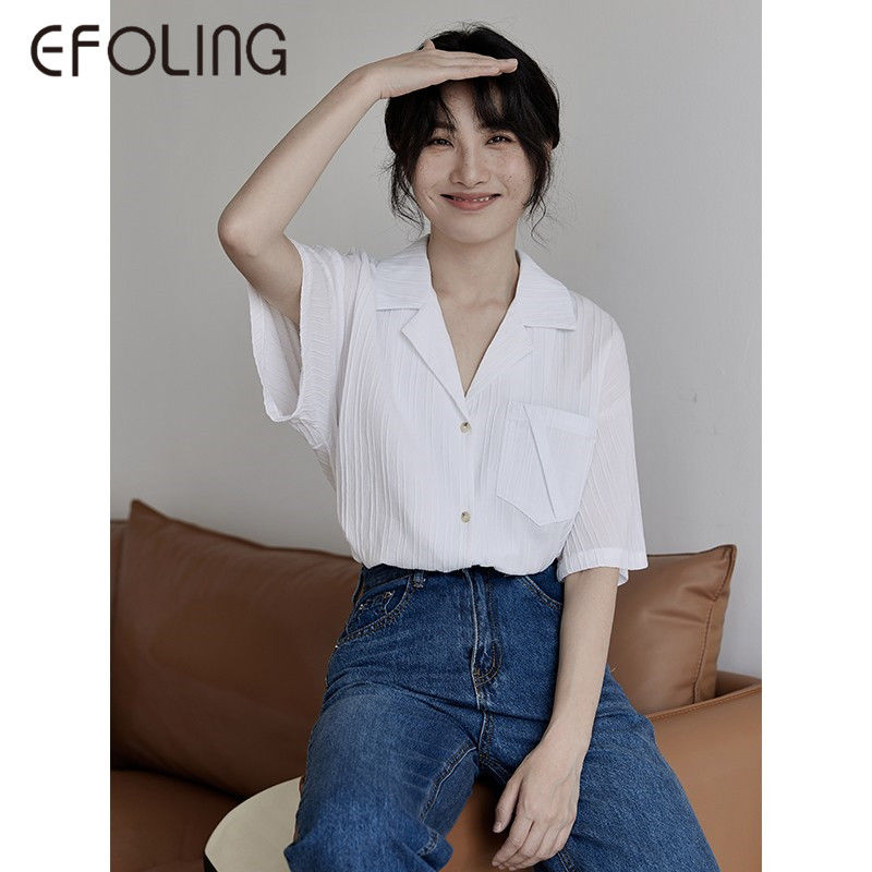 EFOLONG設計感小眾港風復古休閒襯衫女寬鬆外穿薄款法式短袖襯衣