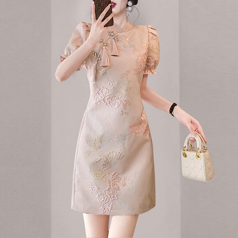 Gentle style puff sleeve slim dress  summer new women's elegant embroidered improved cheongsam dress