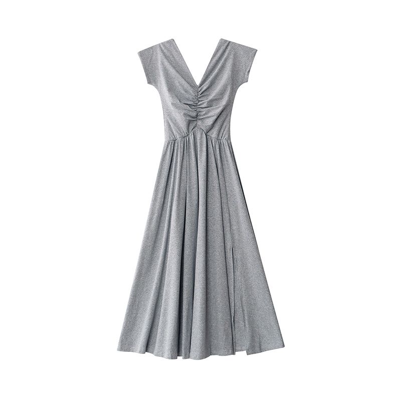 画朴法式复古灰色v领褶皱连衣裙女装夏季新款简约修身长裙子
