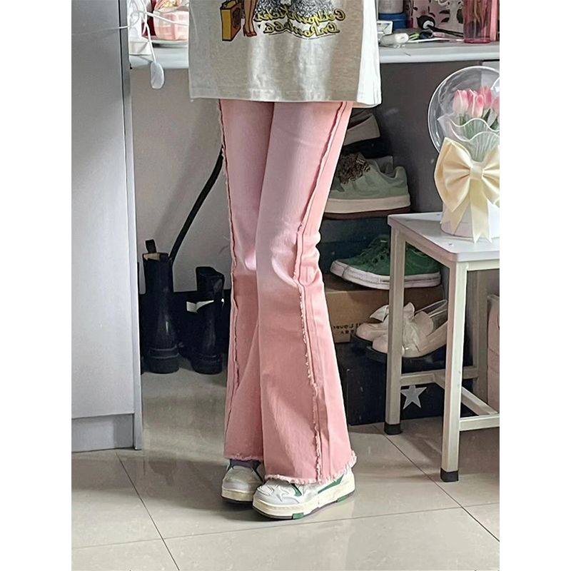 特大碼300斤胖mm粉色毛邊微喇叭牛仔褲女美式高街寬鬆顯瘦喇叭褲