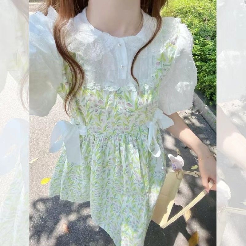 Fake two-piece college style dress female summer new student loose thin gentle sweet floral a-line skirt