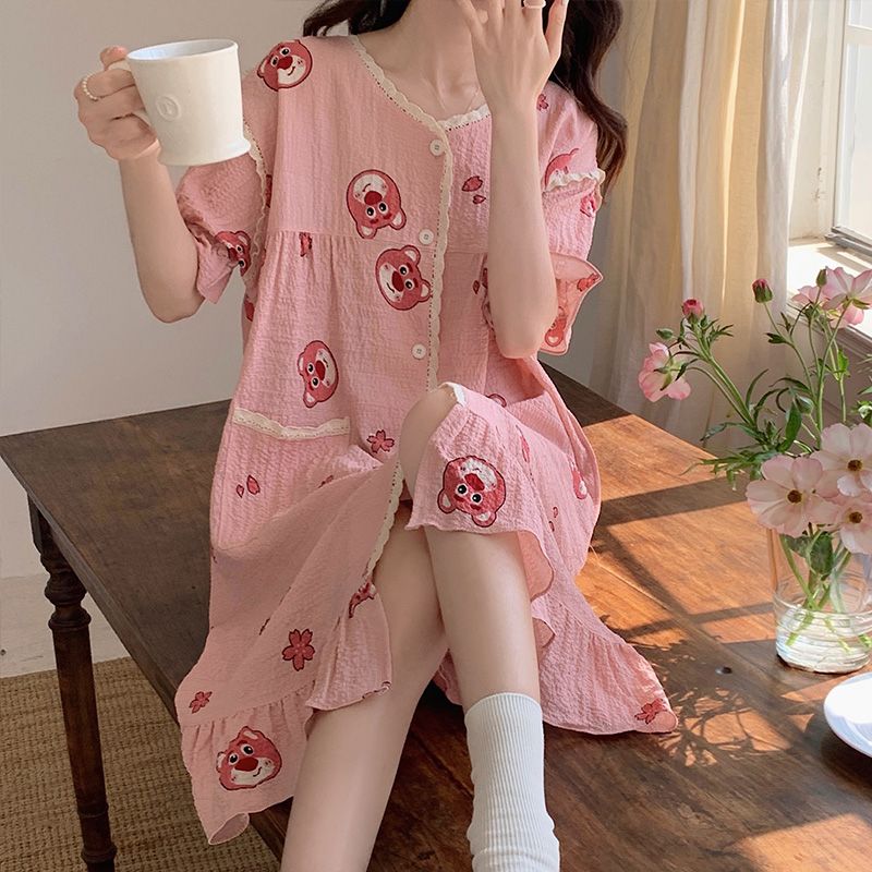 Princess wind nightdress female summer cartoon cute short-sleeved bubble cotton sweet pajamas summer ins wind home service
