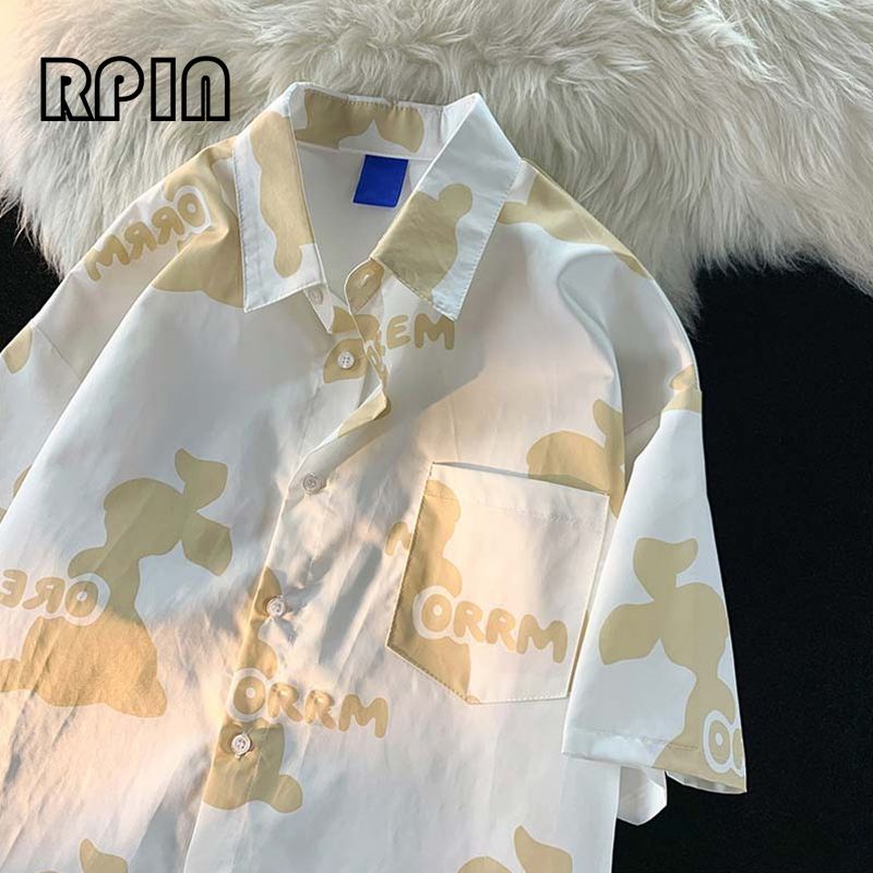 RPIN大码微胖mm300斤日系复古兔子满印polo领短袖衬衫男女衬衣潮