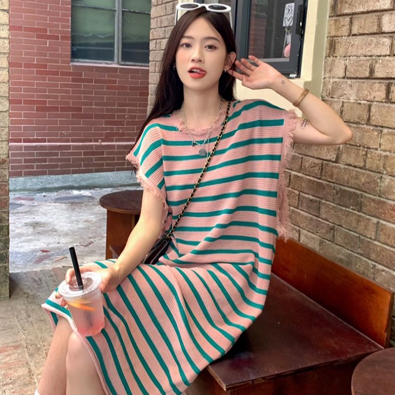 Striped knitted vest dress women's summer design sense tassel mid-length loose slim sleeveless t-shirt skirt