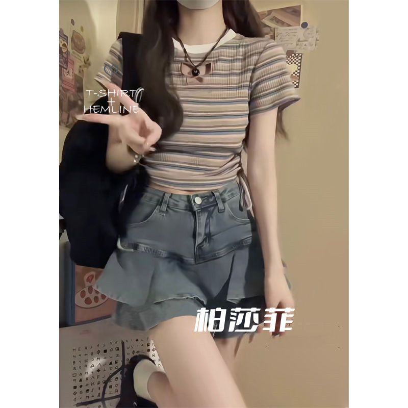 時尚套裝女條紋抽繩短袖T恤夏季設計感高腰顯瘦牛仔包臀裙兩件套
