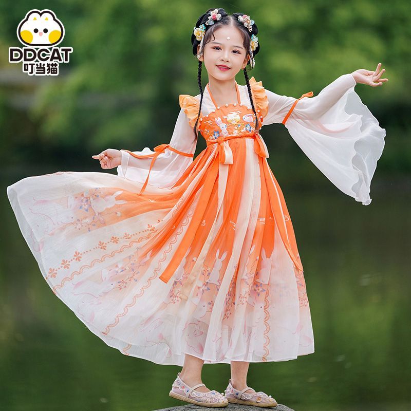 叮噹貓漢服女童連衣裙夏季中國風古裝超仙公主裙兒童古風雪紡裙子