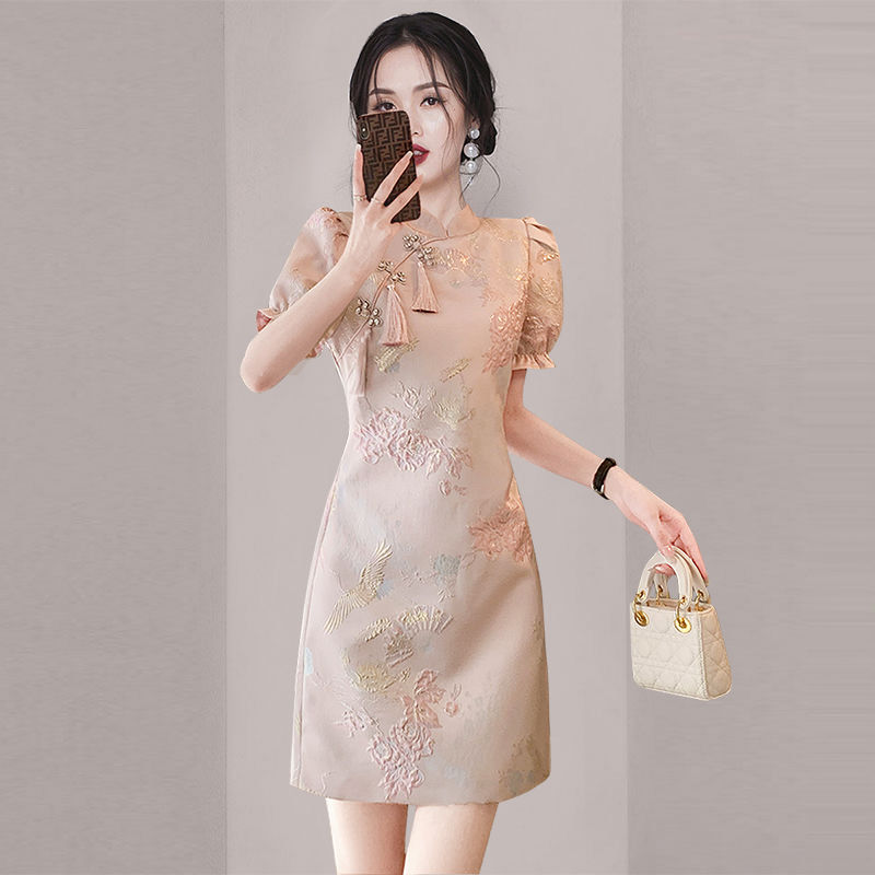 Gentle style puff sleeve slim dress 2023 summer new women's elegant embroidered improved cheongsam dress