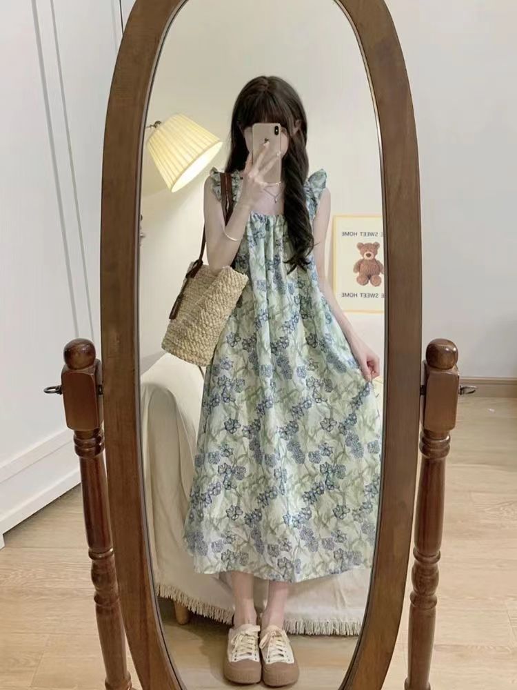 小清新甜美復古遮肉顯瘦減齡印花連衣裙女學生夏日中長款a字裙子