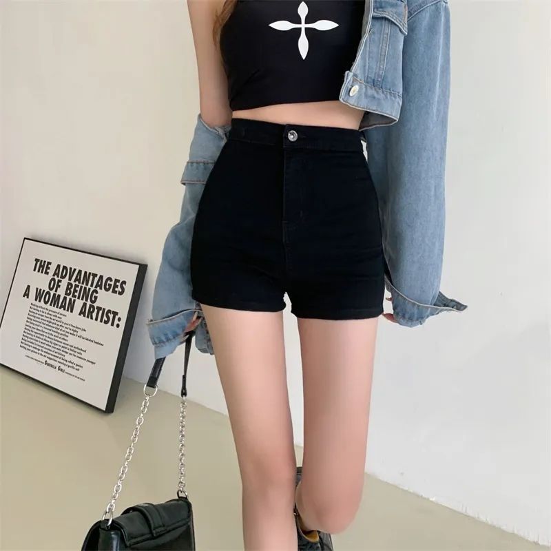 Black tight hot girl denim super shorts for women, high waist, slimming, long legs, hip-covering, A-line stretch hot pants ins trend