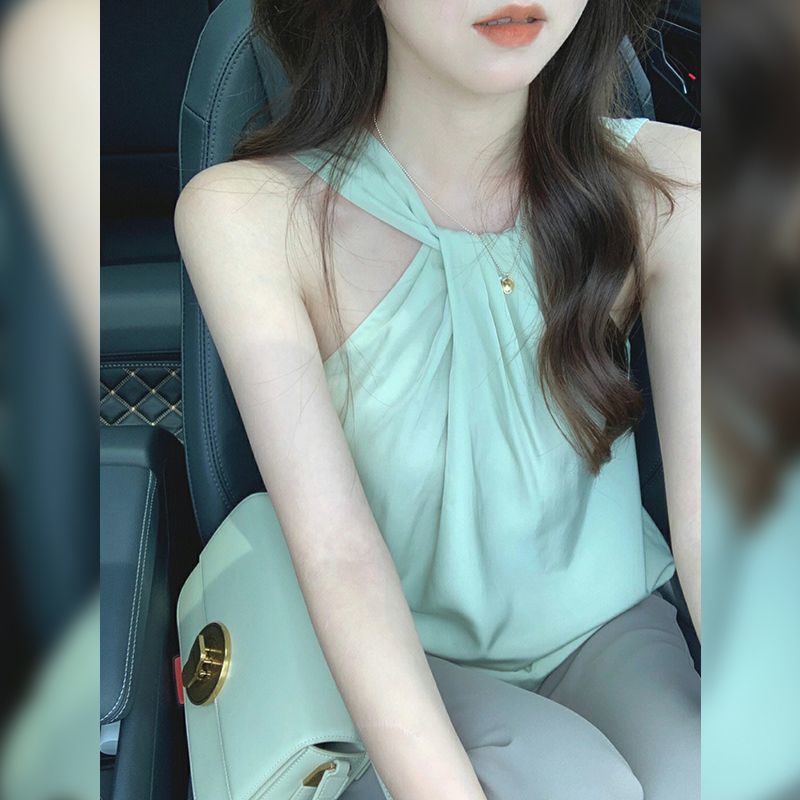 牛油果綠別致驚艷吊帶背心女夏純欲風露肩外穿無袖掛脖上衣設計感