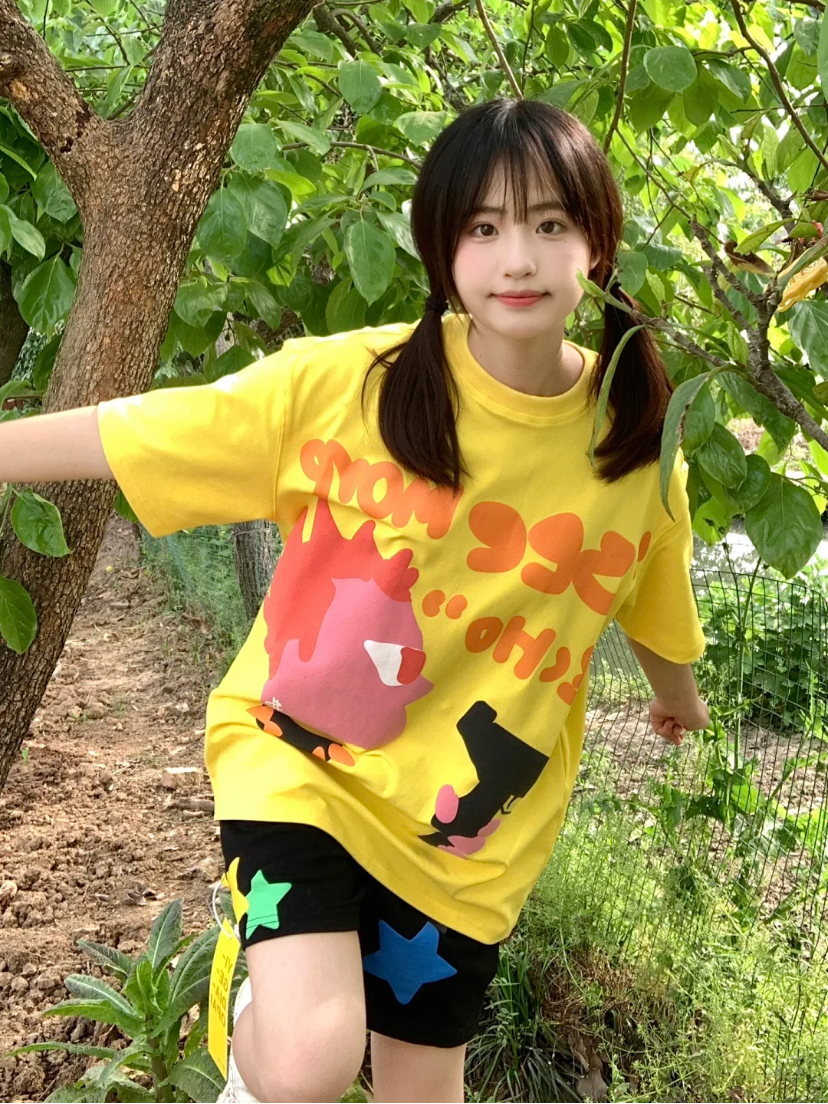 彩色星星發泡印花休閒短褲女夏季潮牌嘻哈高街美式運動闊腿五分褲