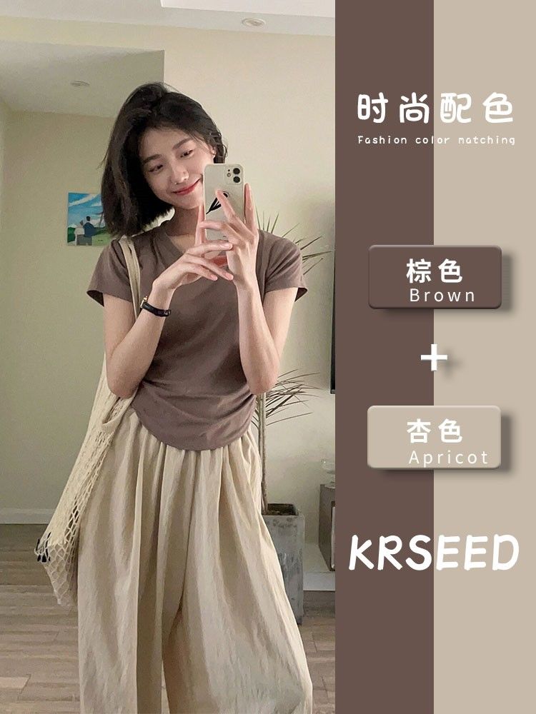 KRSEED夏季茶系小個子穿搭梨形身材顯瘦遮肉休閒T恤褲子兩件套女